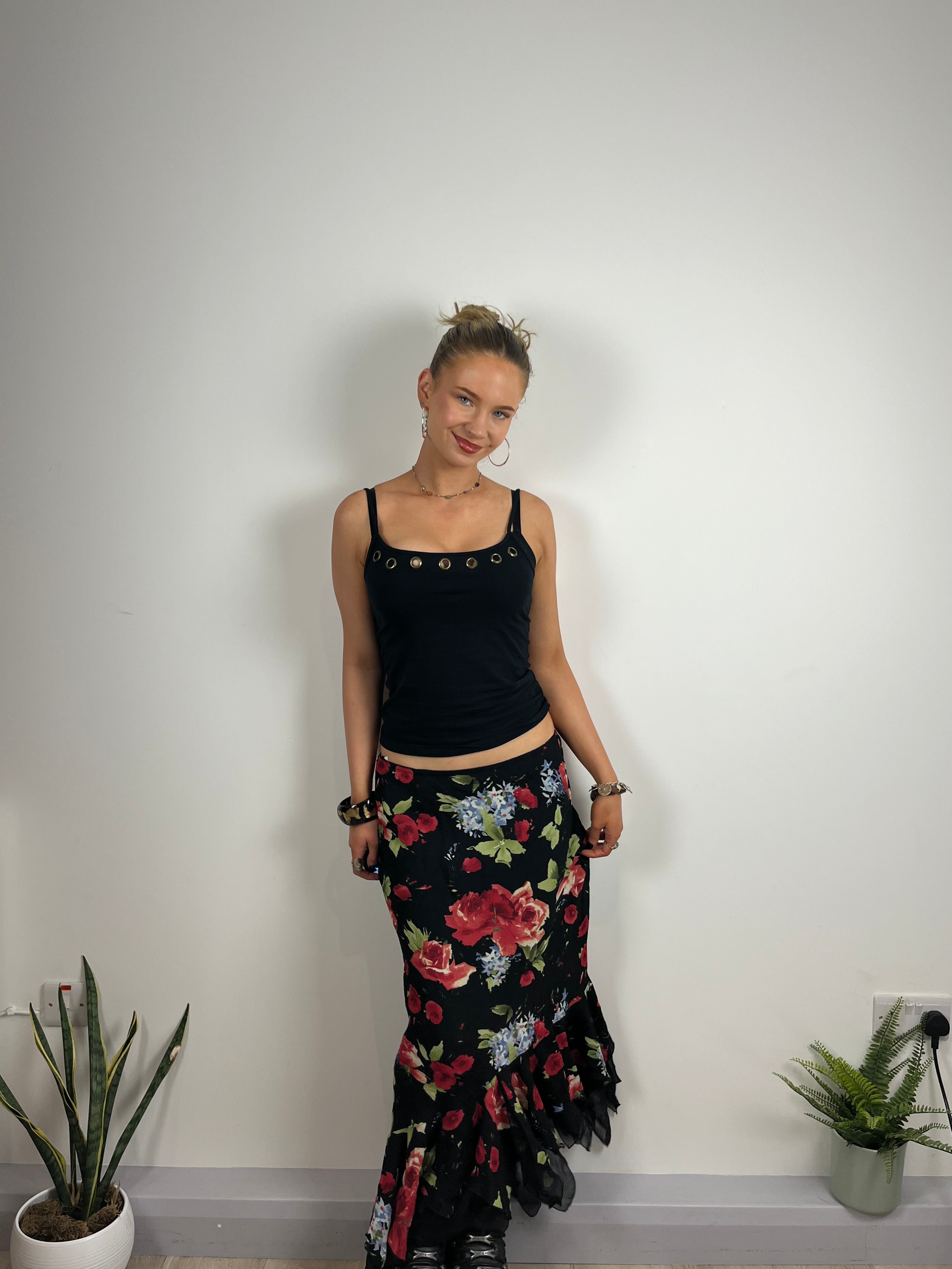 Vintage rose flowy maxi skirt Y2K floral 