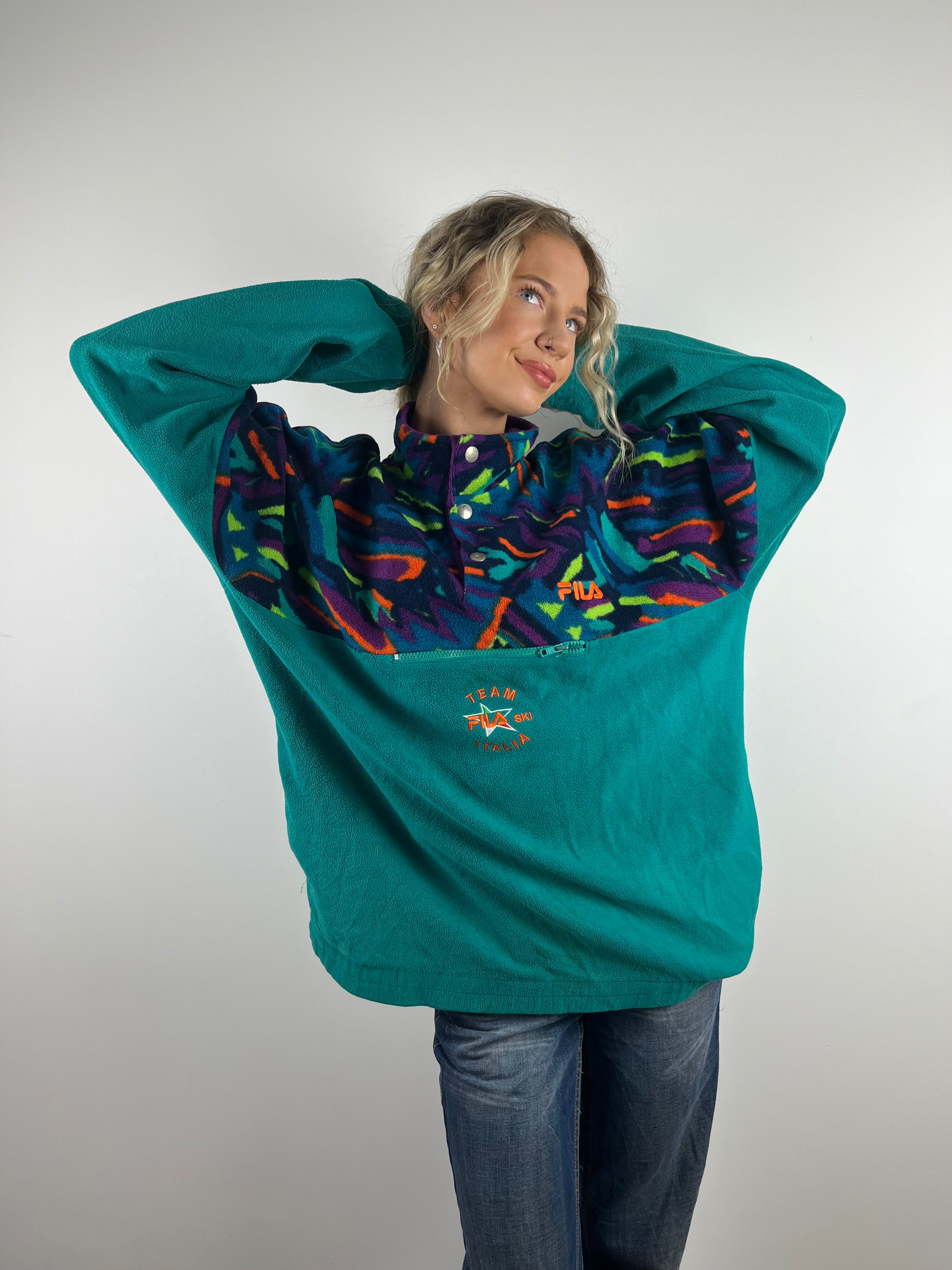 Vintage teal fila zip button up multicoloured fleece 