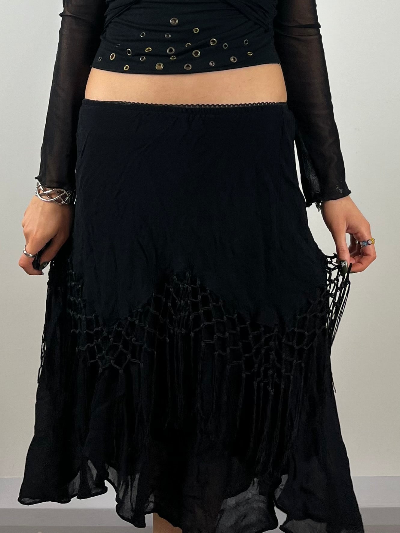 Vintage Black Fringe Y2K Midi Skirt (S)