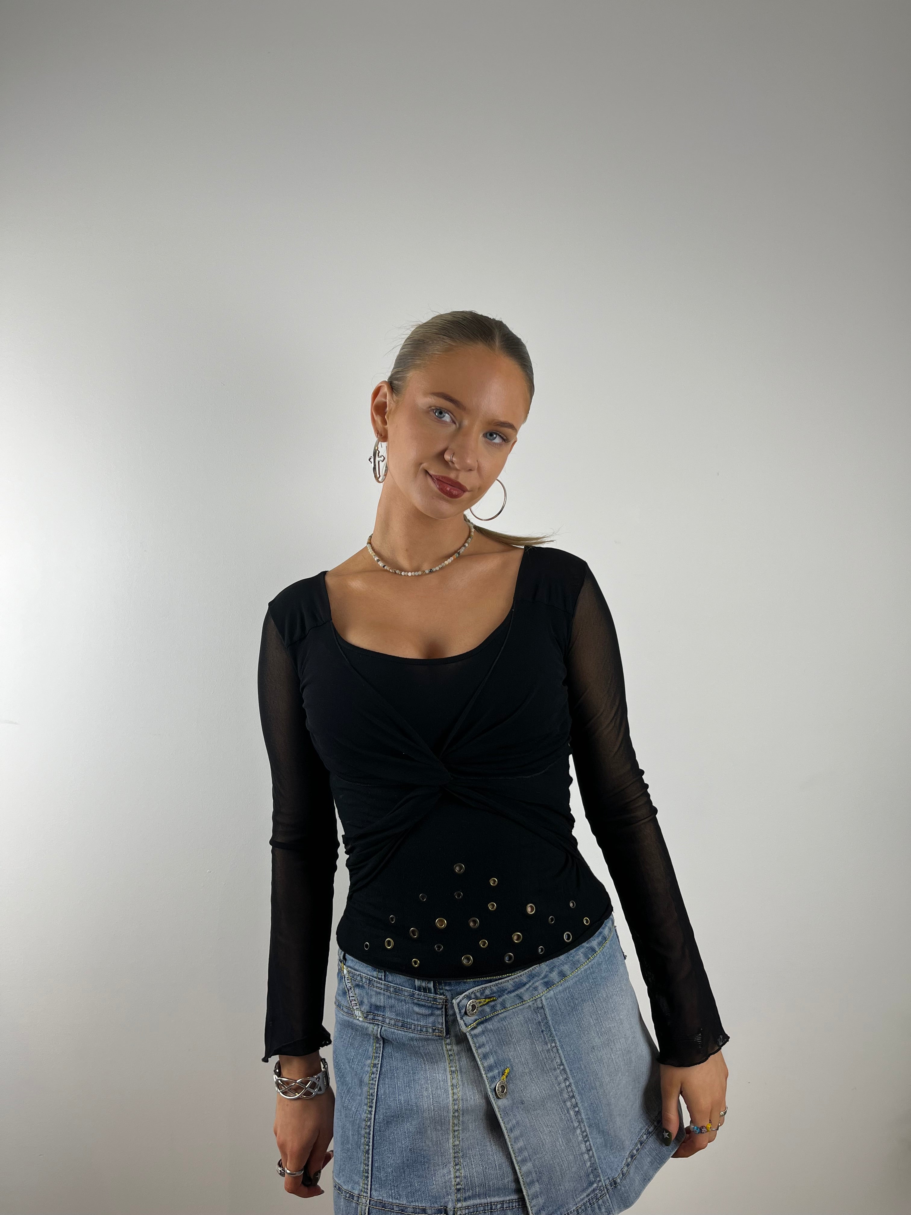 Vintage Y2K black mesh long sleeve top grommet eyelet 
