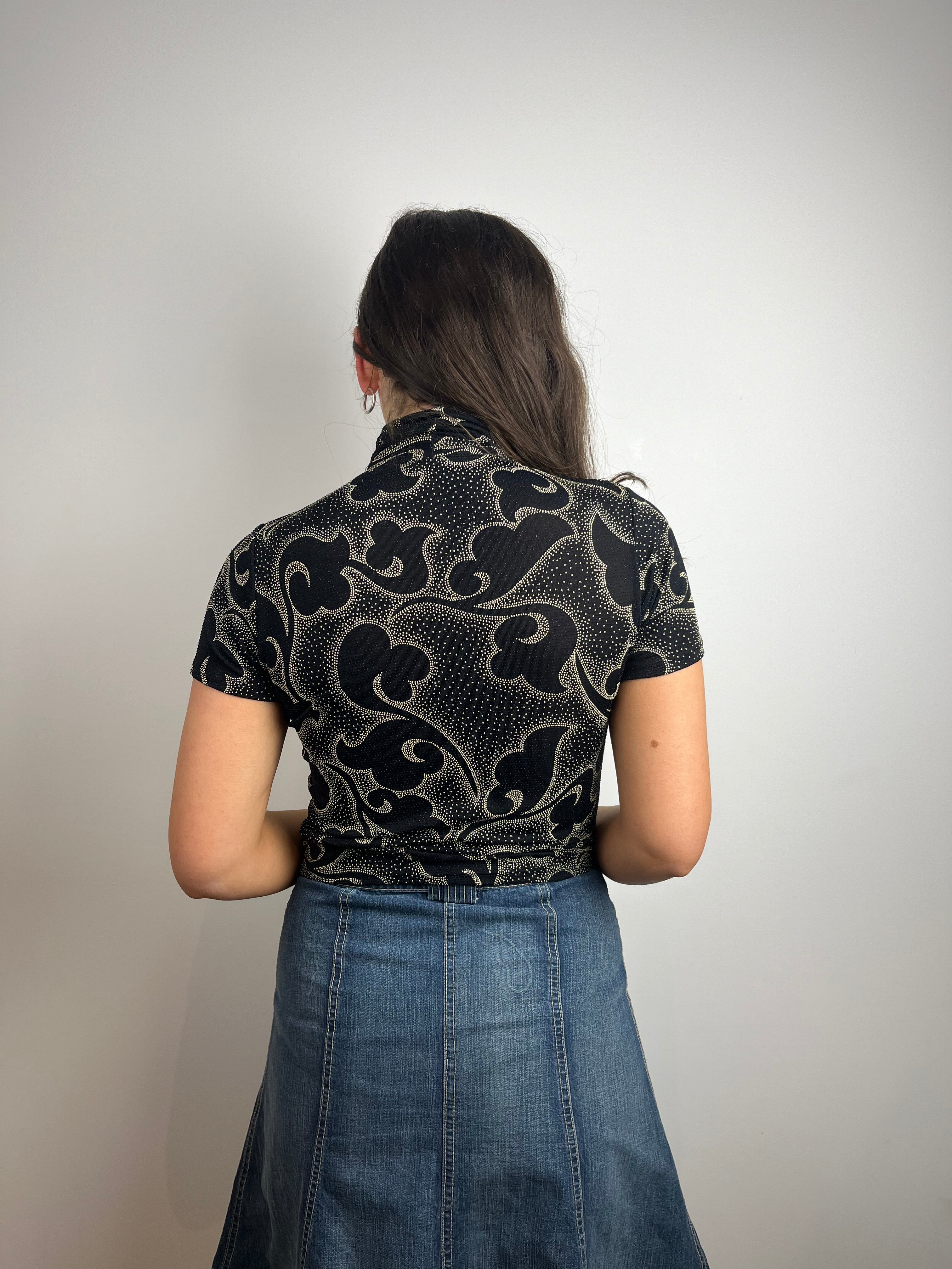 Vintage black floral design turtle neck top