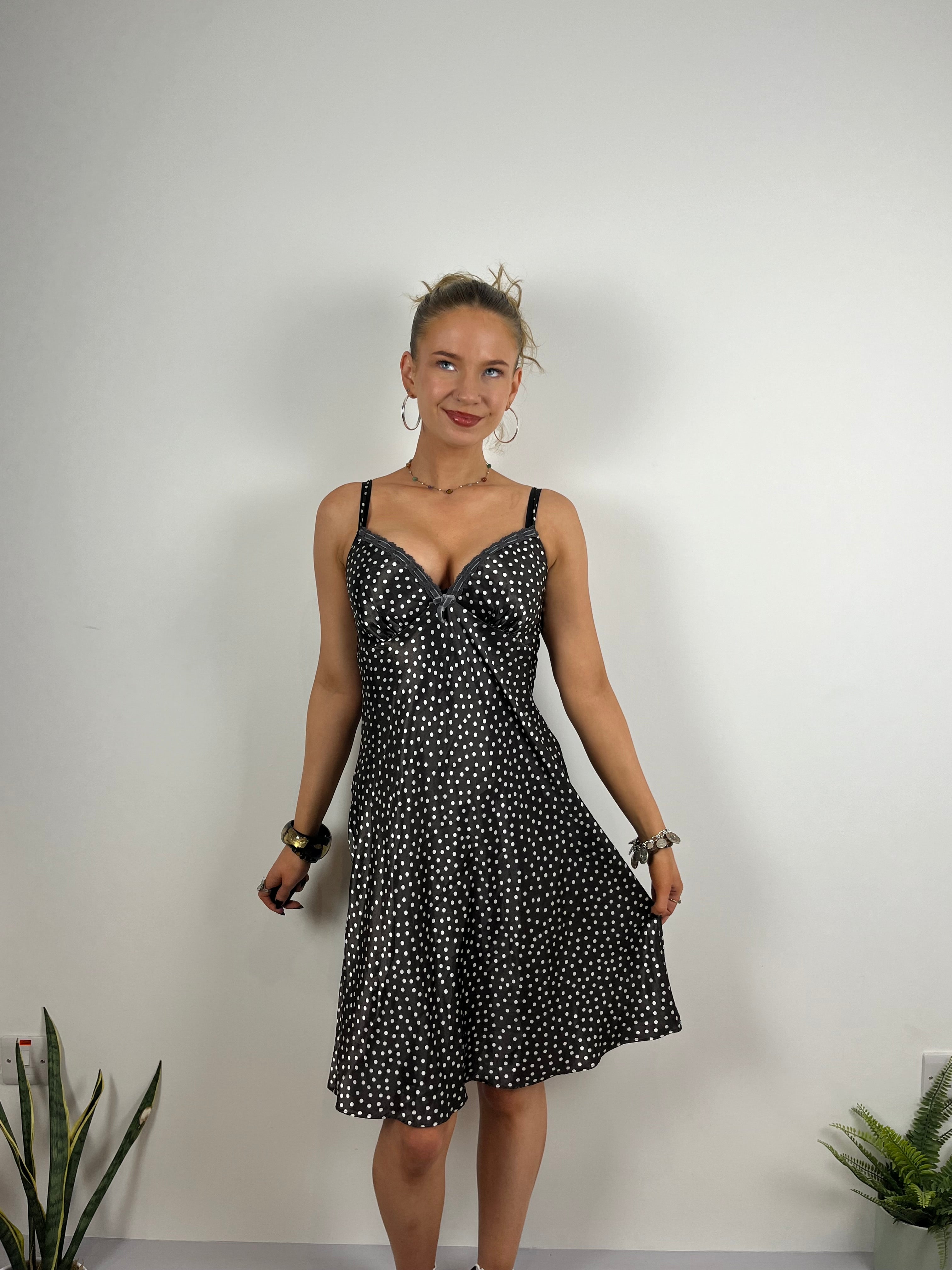 Vintage polka dot black white dress Y2K silk 