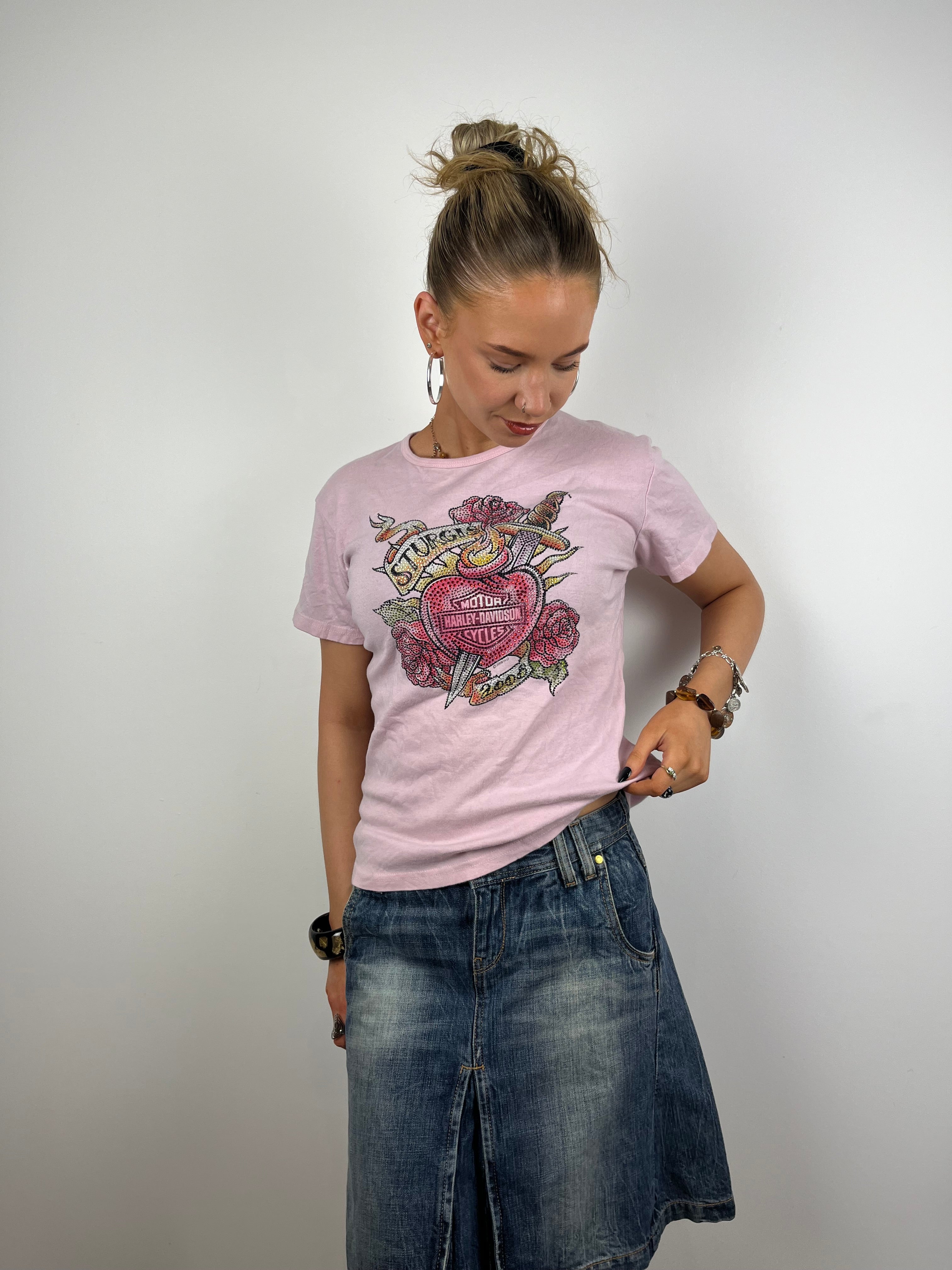 Vintage bedazzled bling Y2K Harley Davidson racer top shirt 