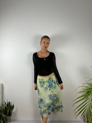 Vintage sequin floral green blue Y2K asymmetrical skirt 