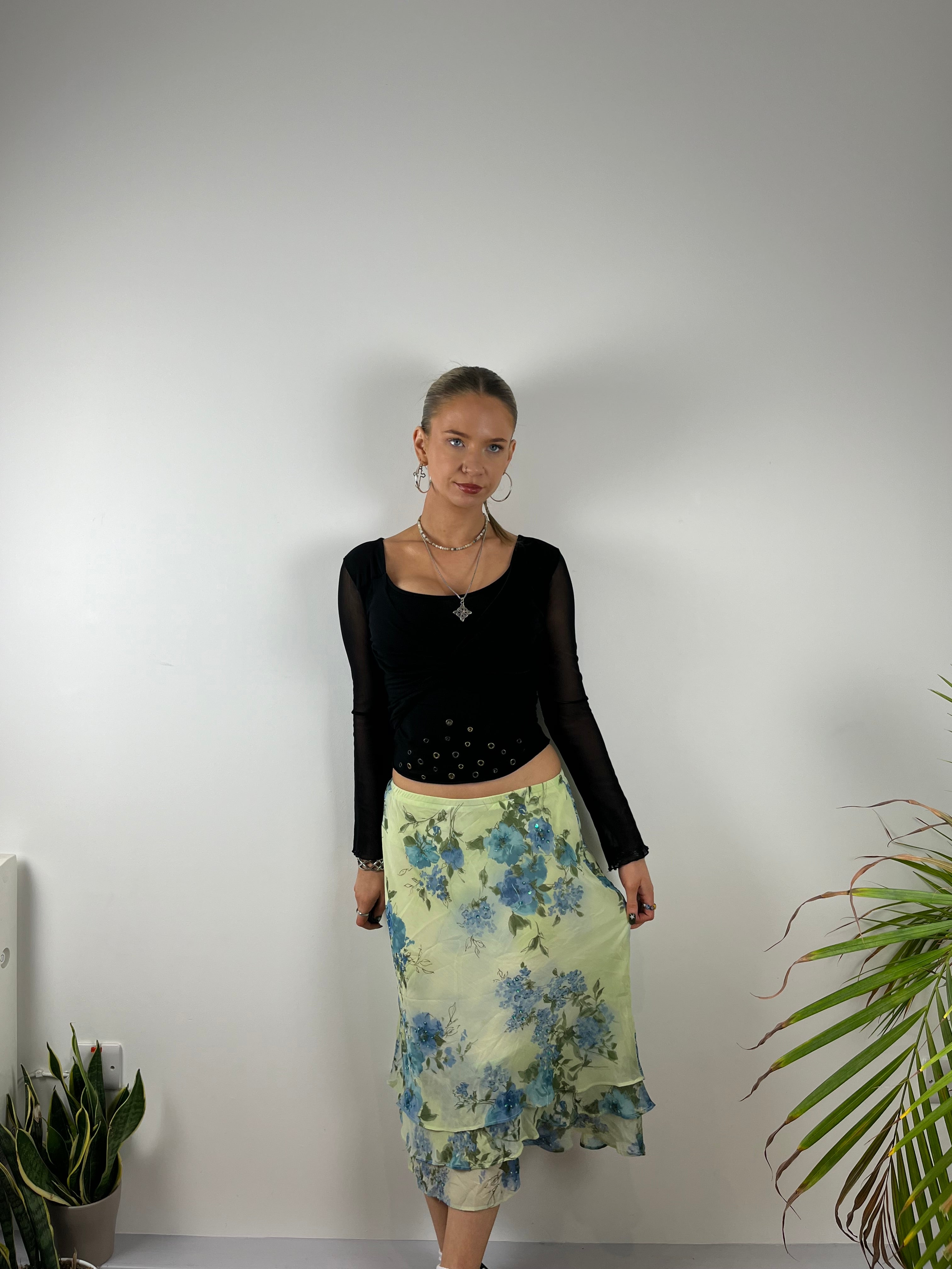 Vintage sequin floral green blue Y2K asymmetrical skirt 