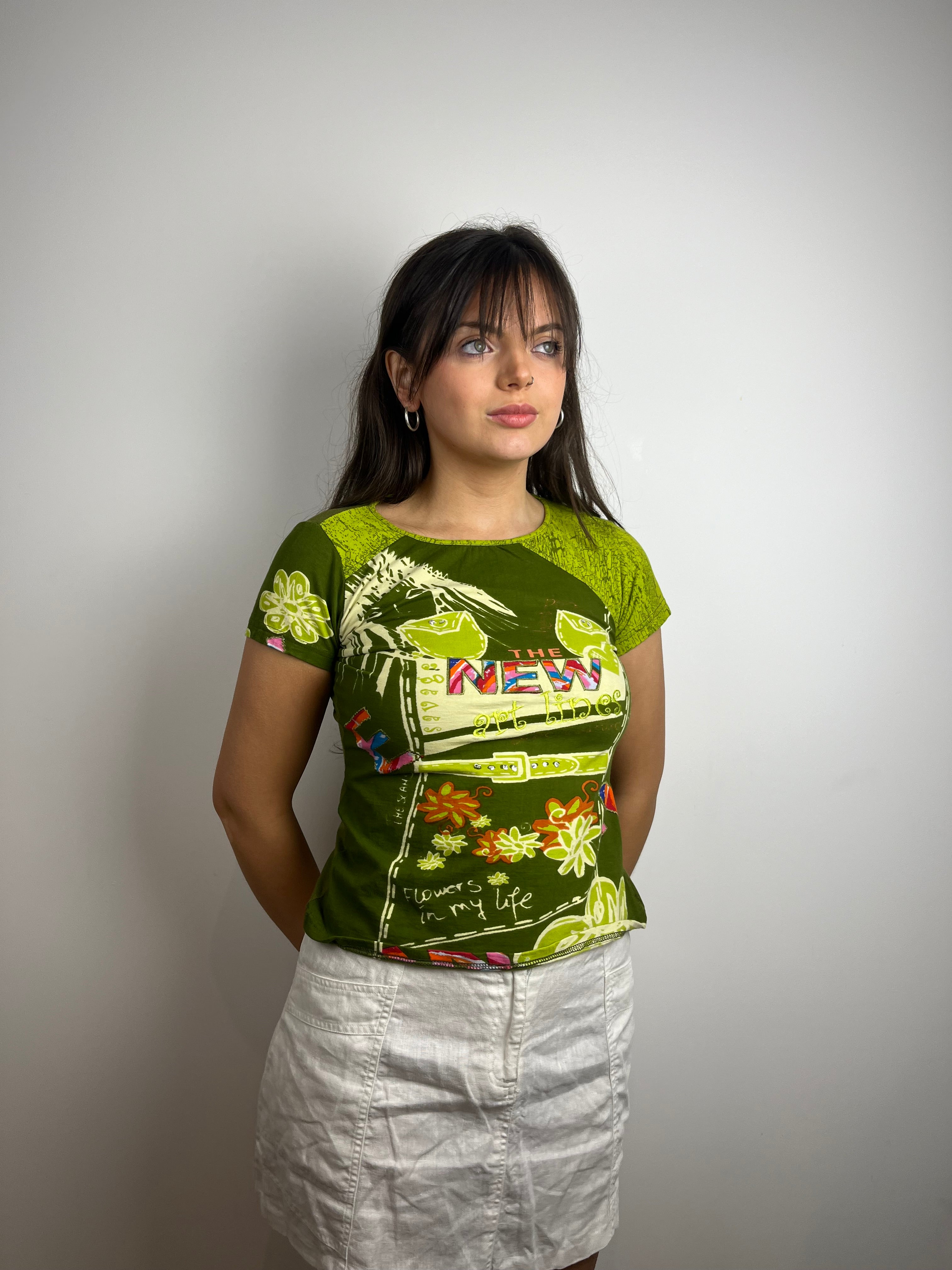 Vintage green y2k embellished embroidered T-shirt 