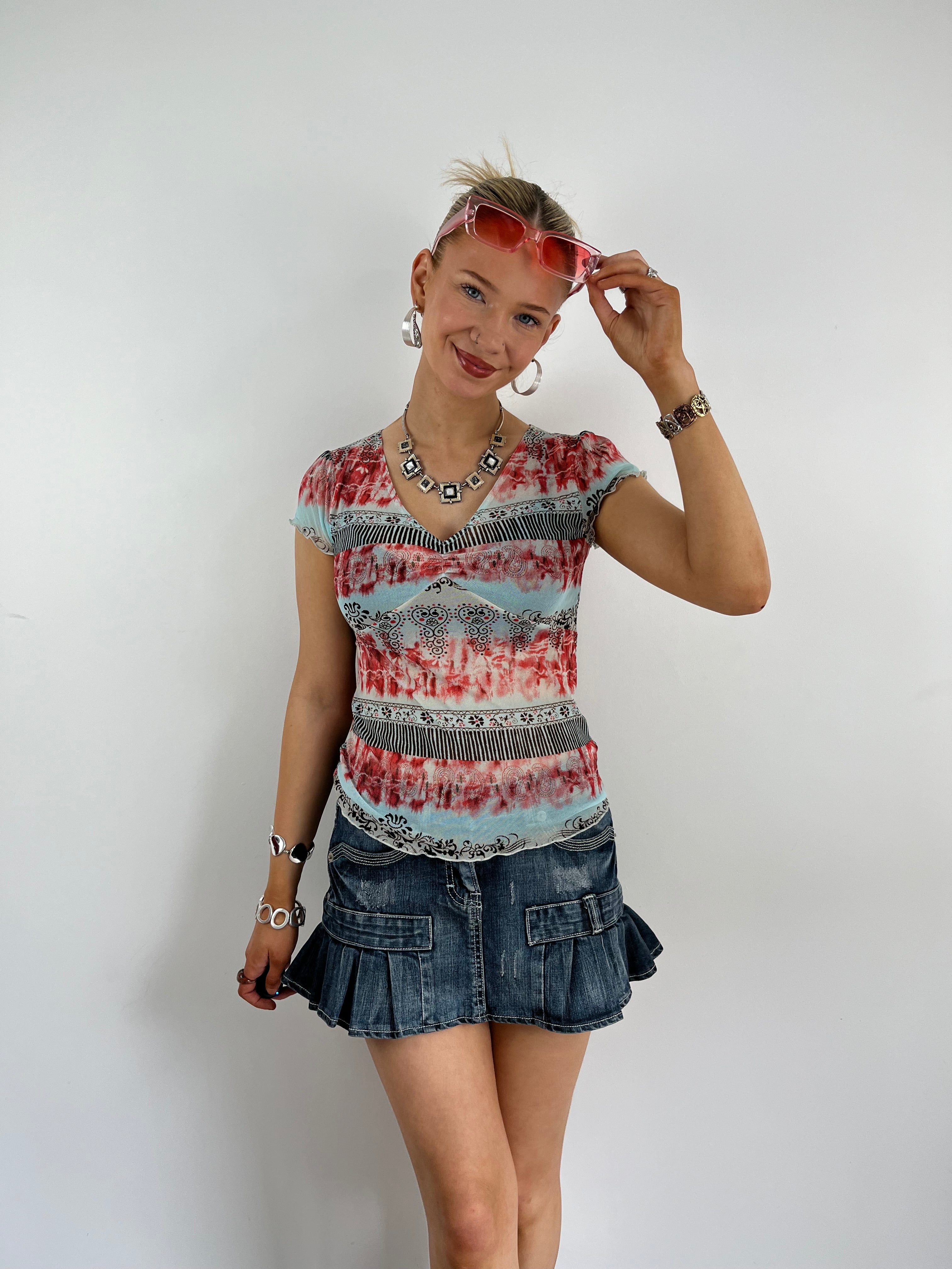 Vintage mesh blue pink Y2K top 