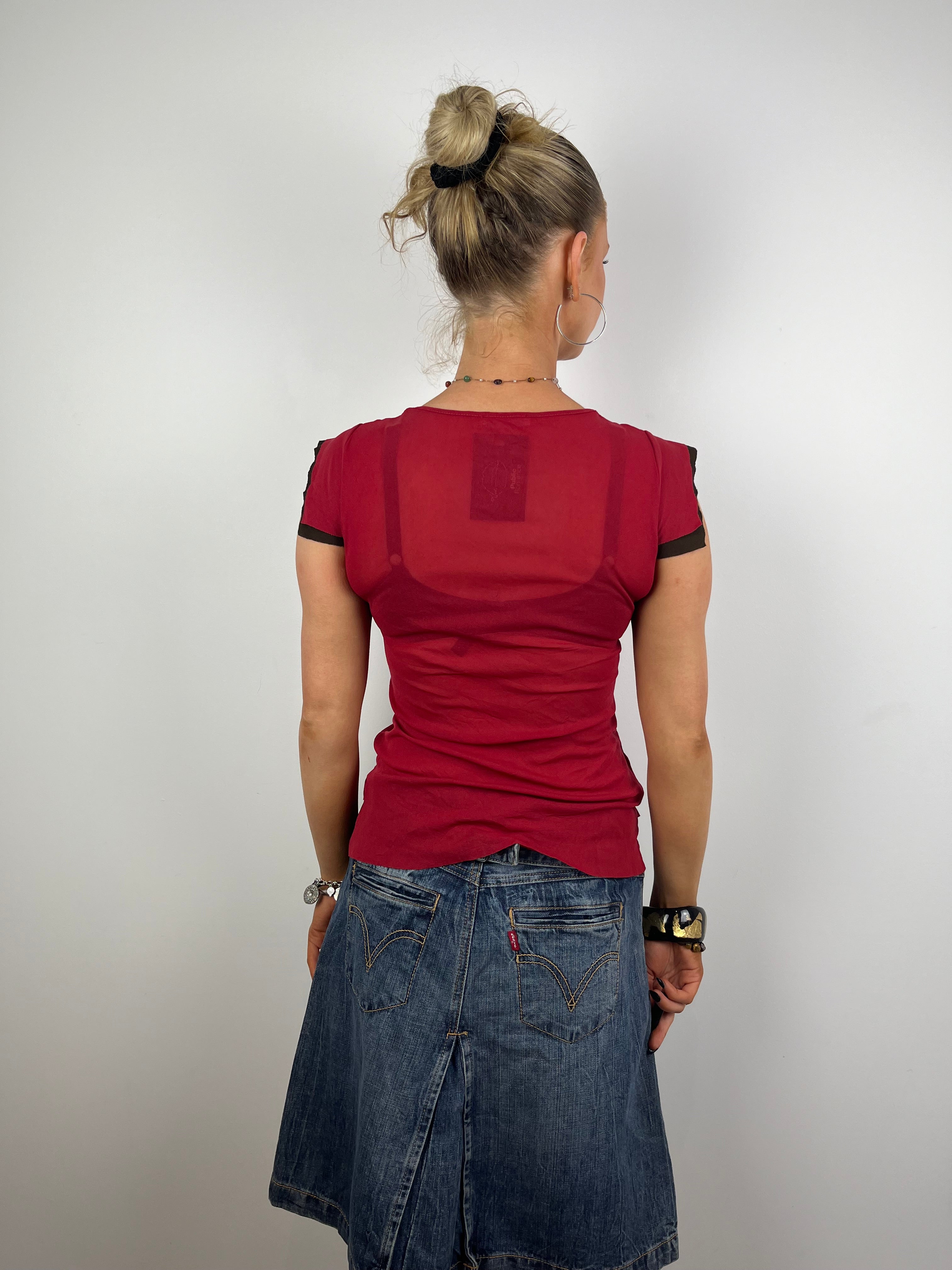 Vintage Red Mesh Short-Sleeve Top (S)