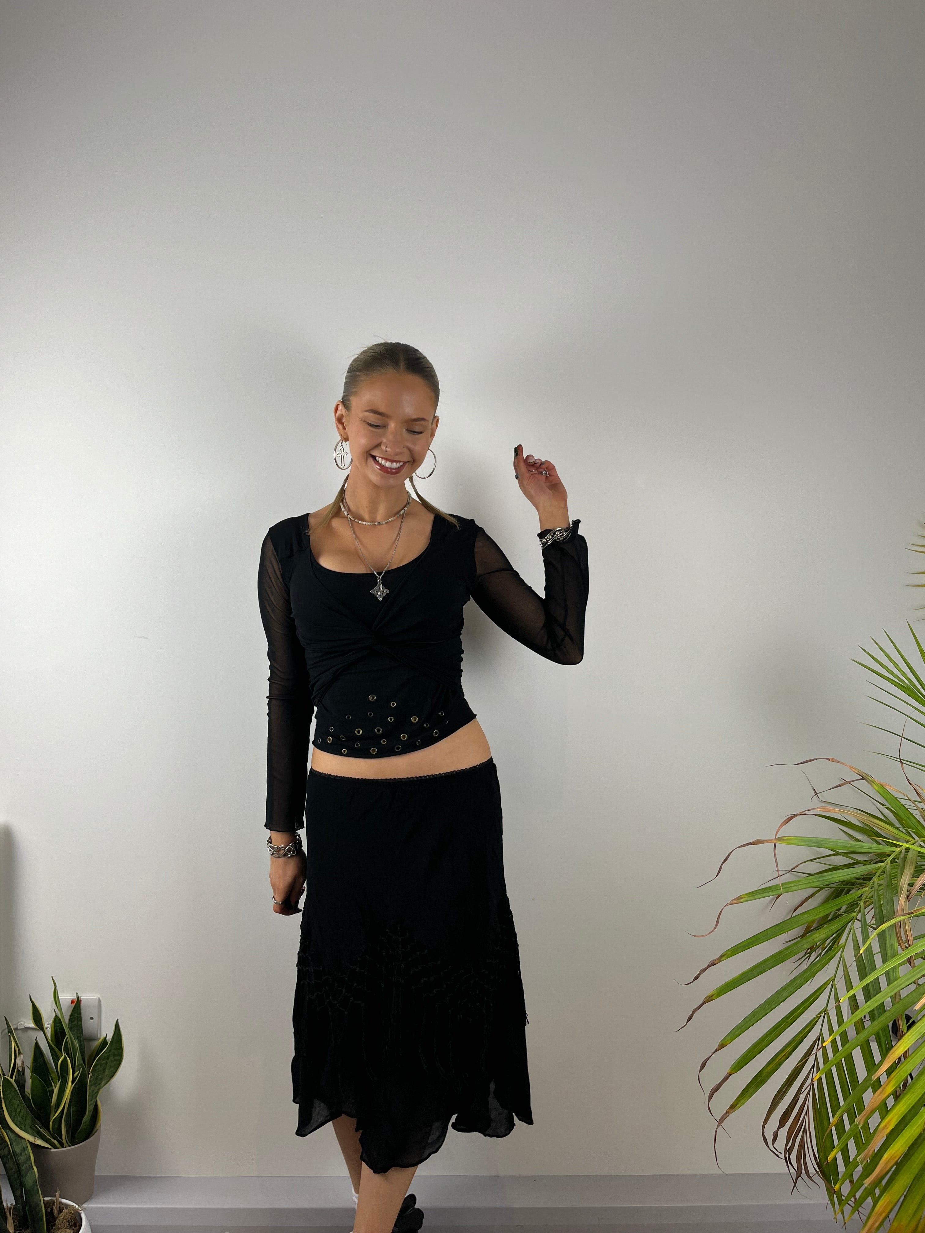 Vintage black midis tassel fringe beaded skirt 