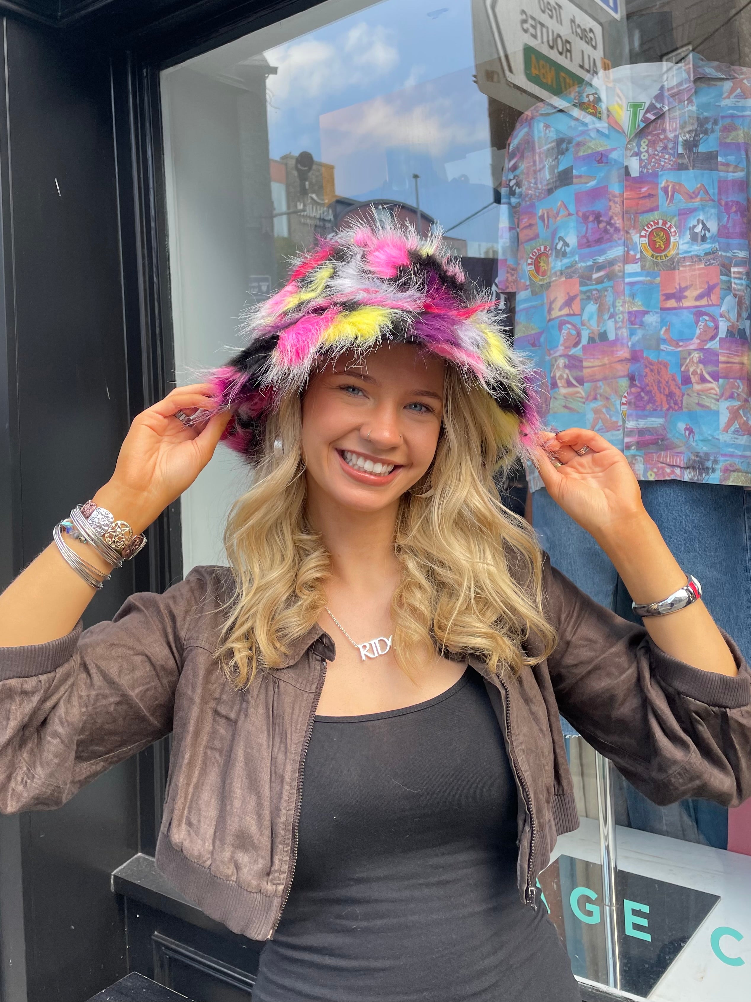 Fluffy colourful bucket hat 