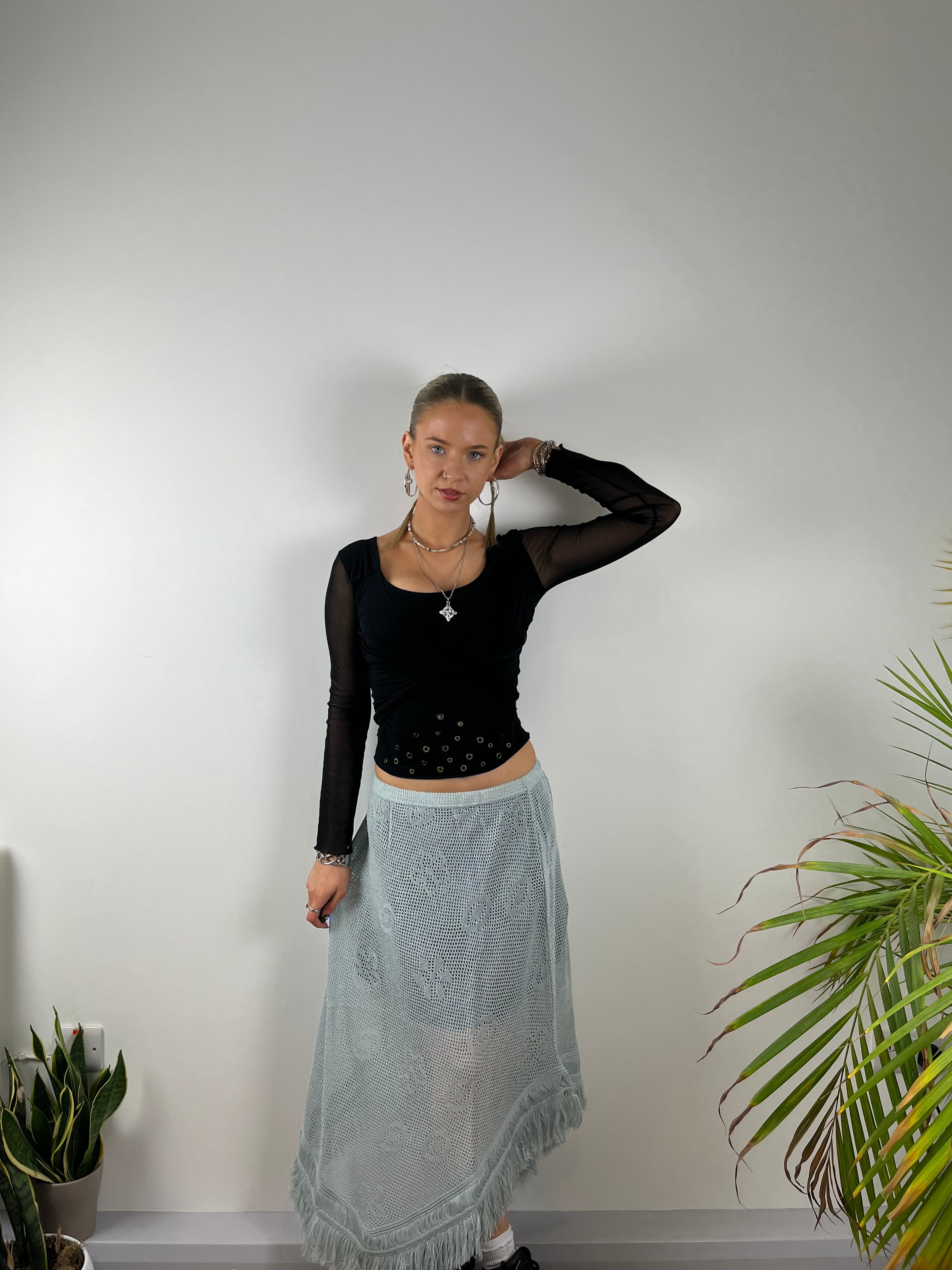 Vintage Y2K blue crochet fringe skirt 