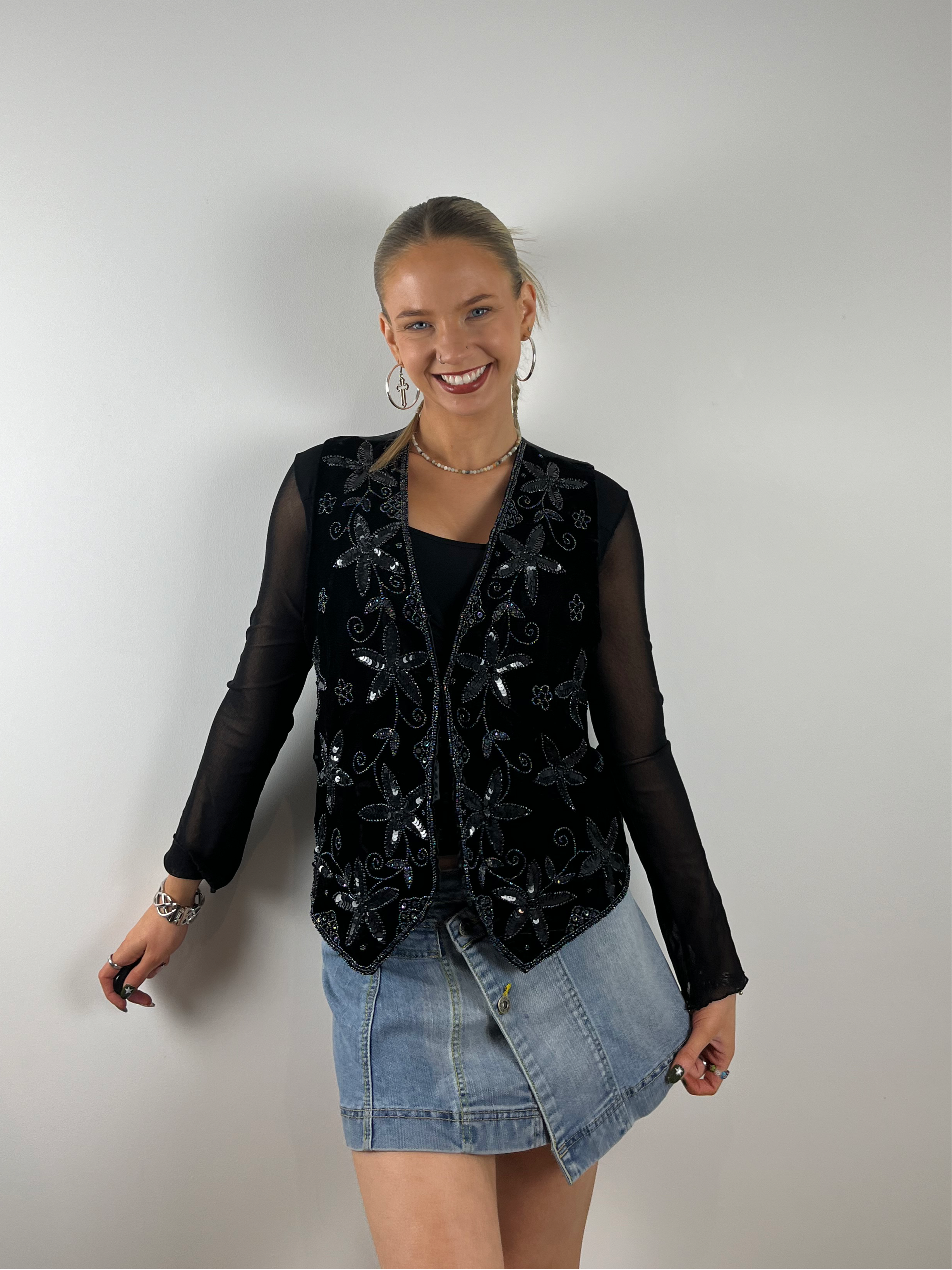 Vintage Y2K black velvet waistcoat vest 