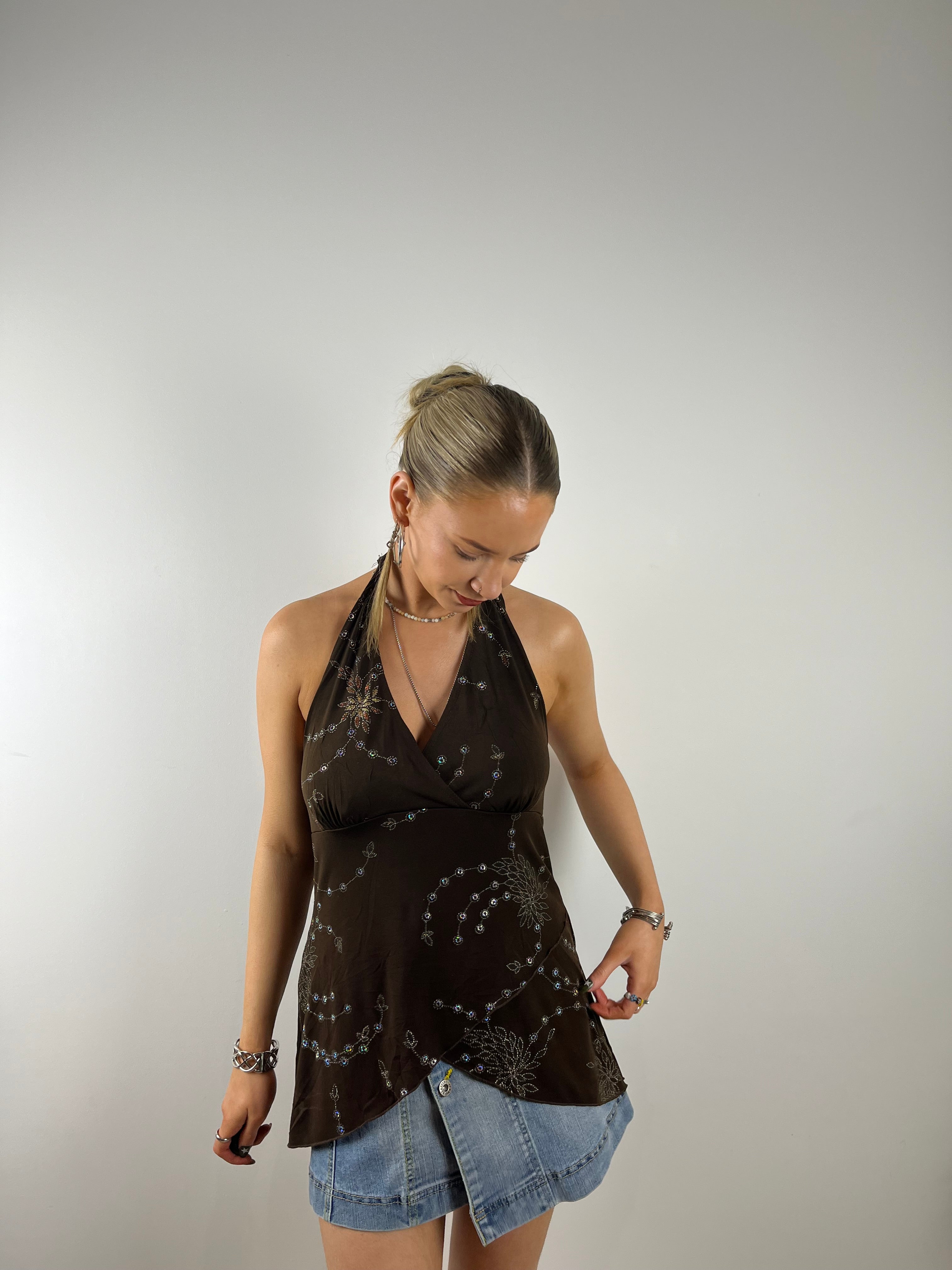 Vintage brown Y2K hater tie top sequin 