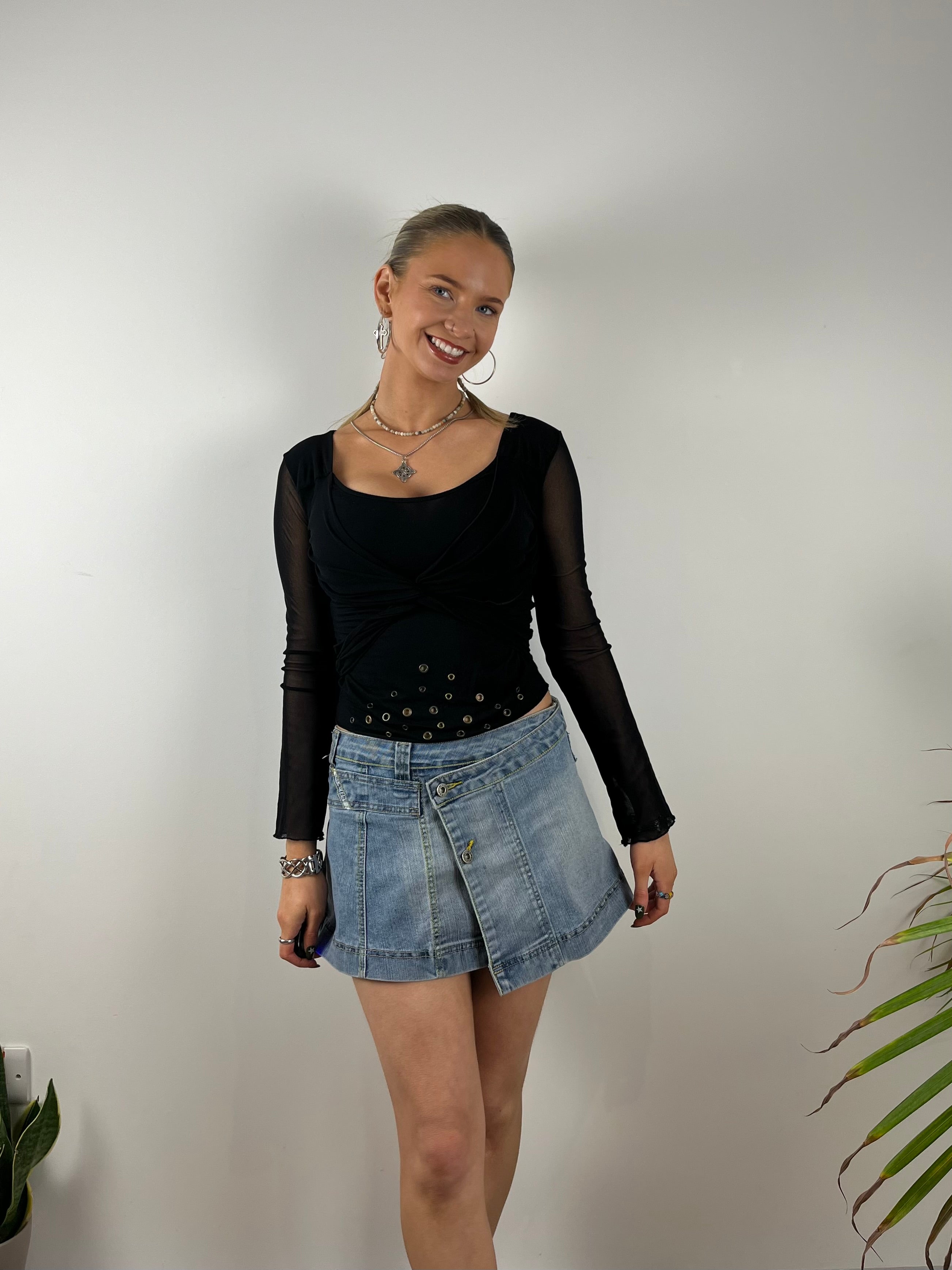 Denim vintage mini skirt button up asymmetry 