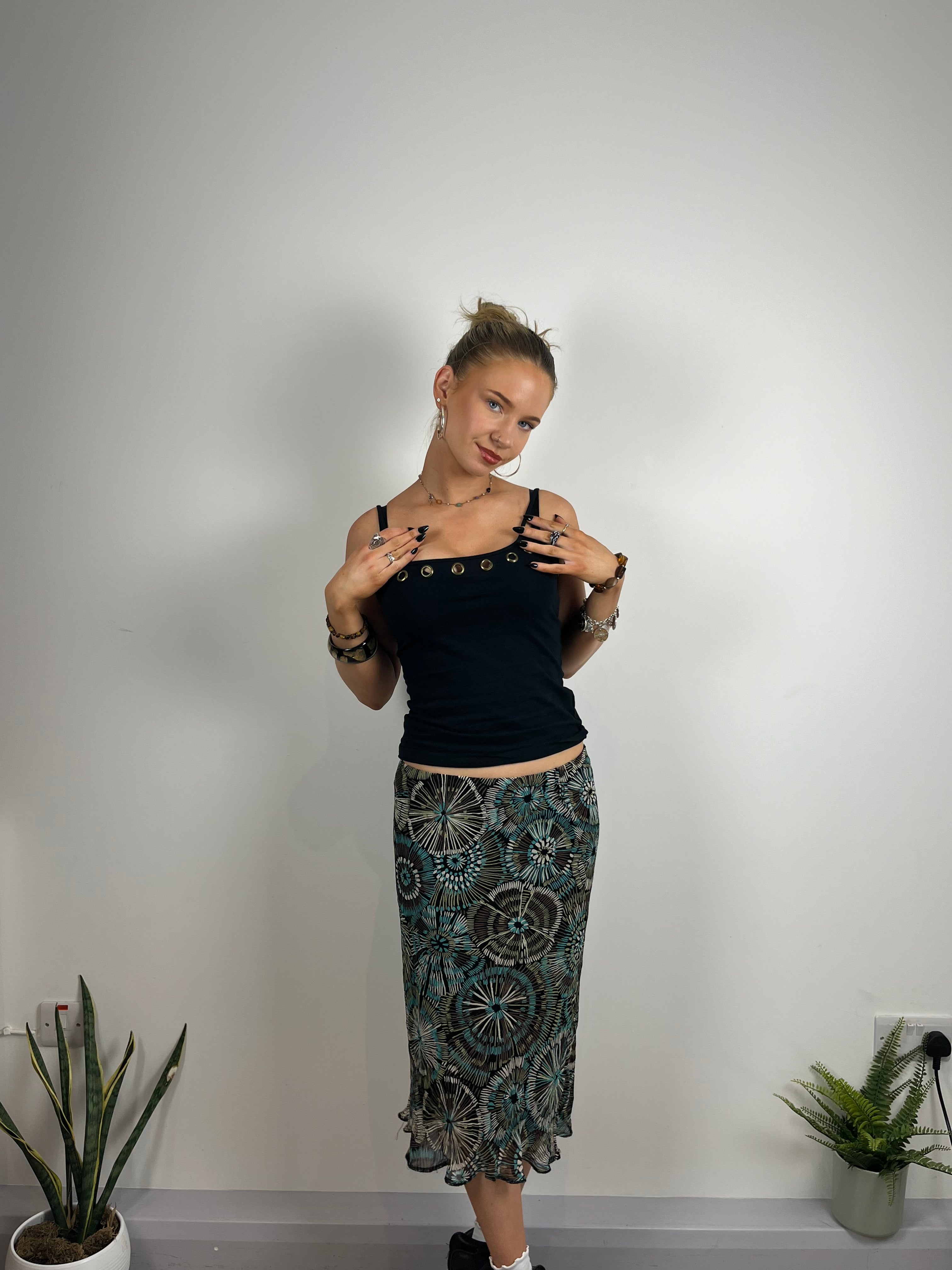 Vintage brown green blue mesh midi skirt y2k