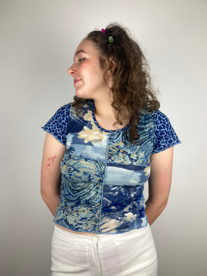 vintage blue mesh leopard short sleeve y2k top