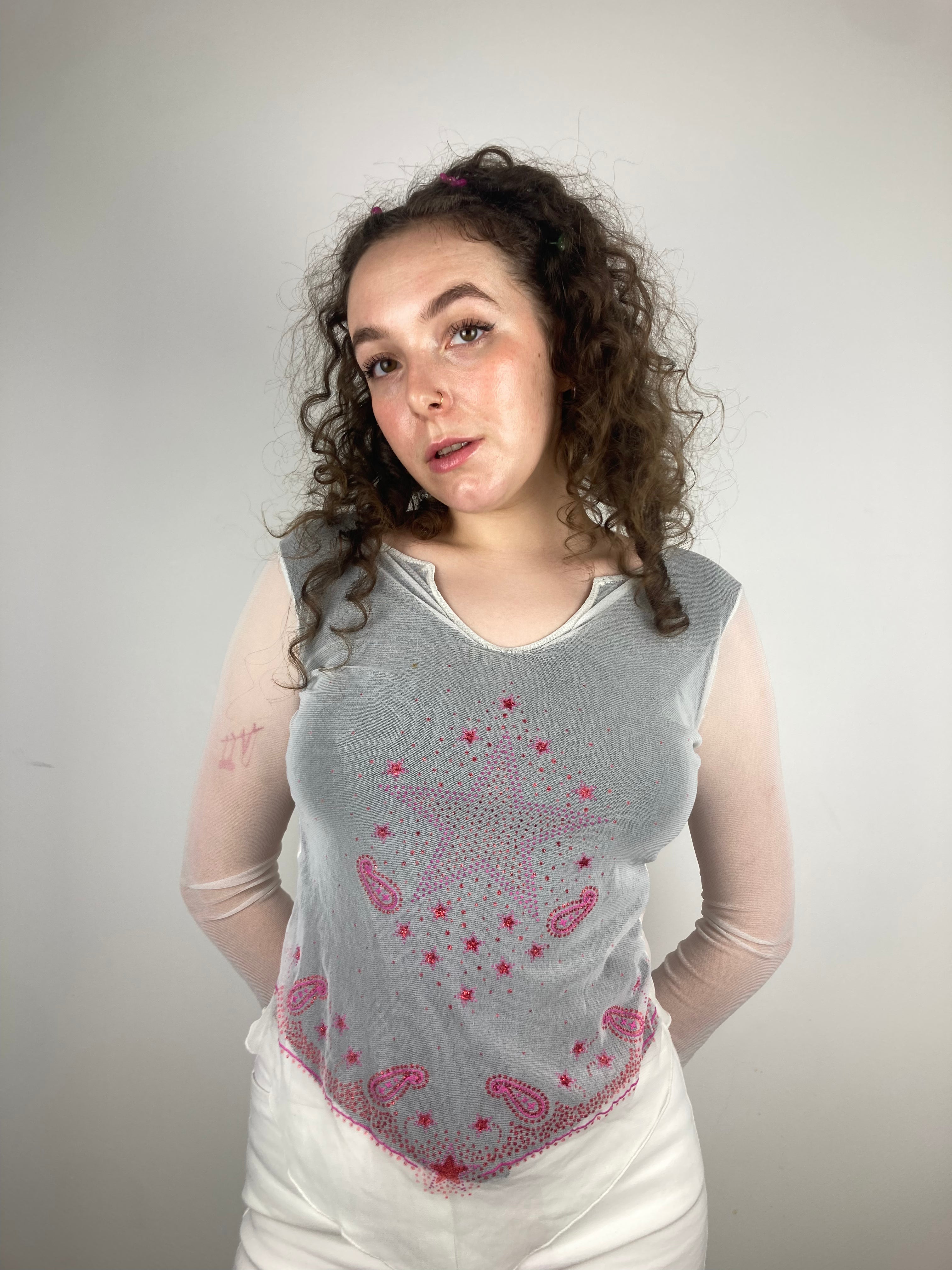 vintage pink star y2k design mesh top