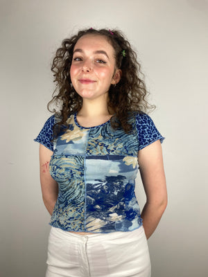 vintage blue mesh leopard short sleeve y2k top