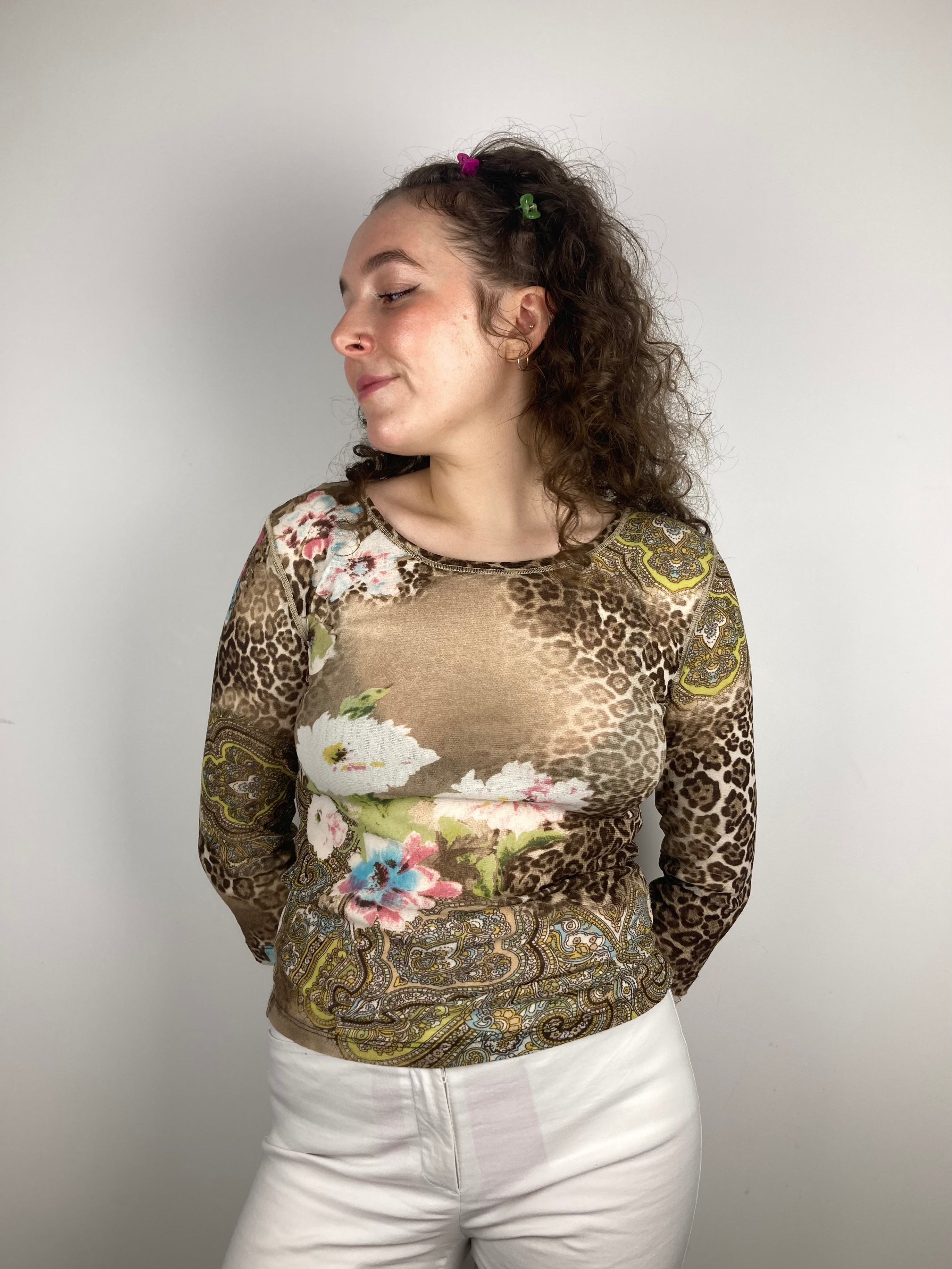 vintage leopard print y2k mesh top longsleeve