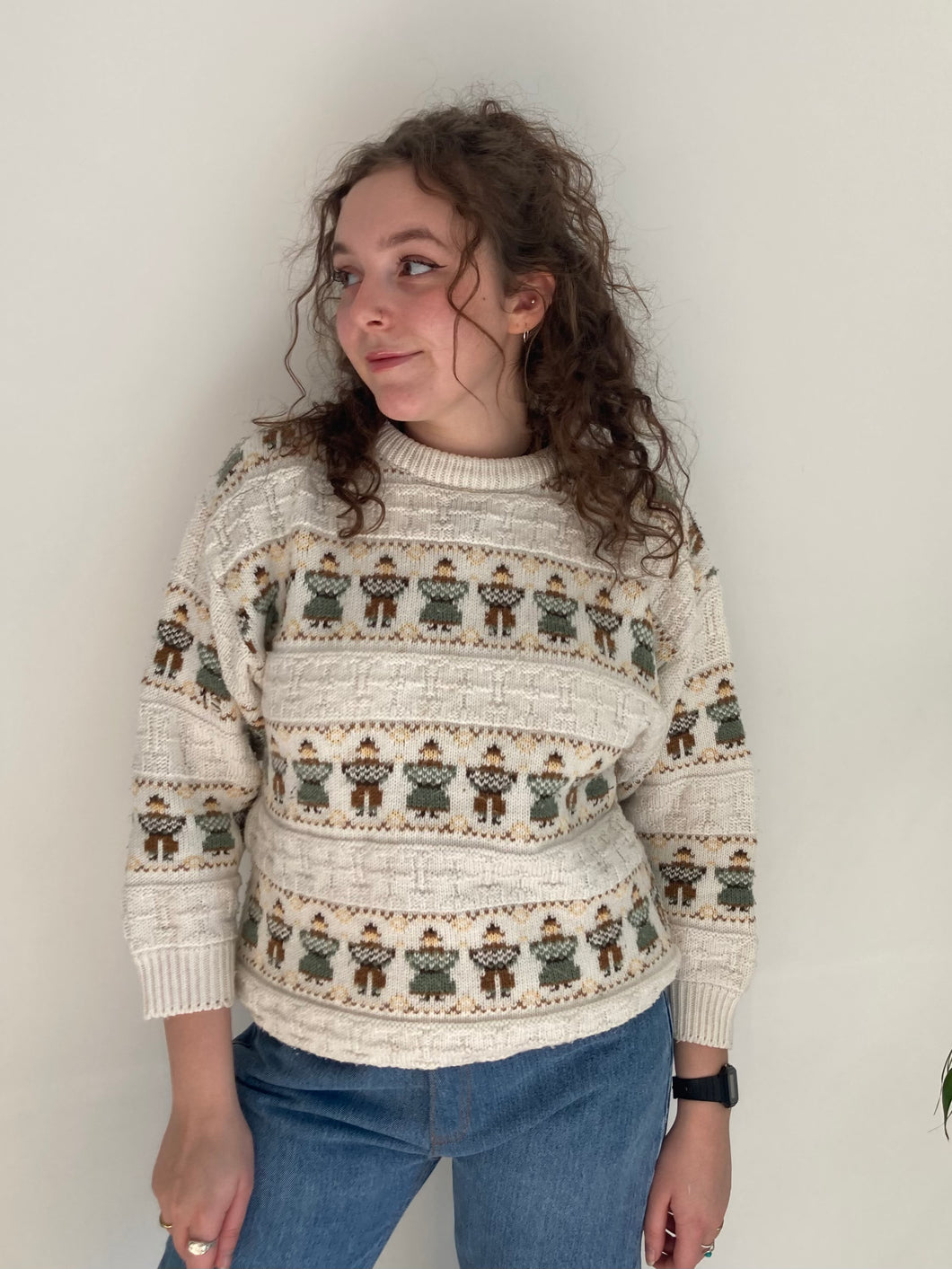 cream chunky person print knit jumper