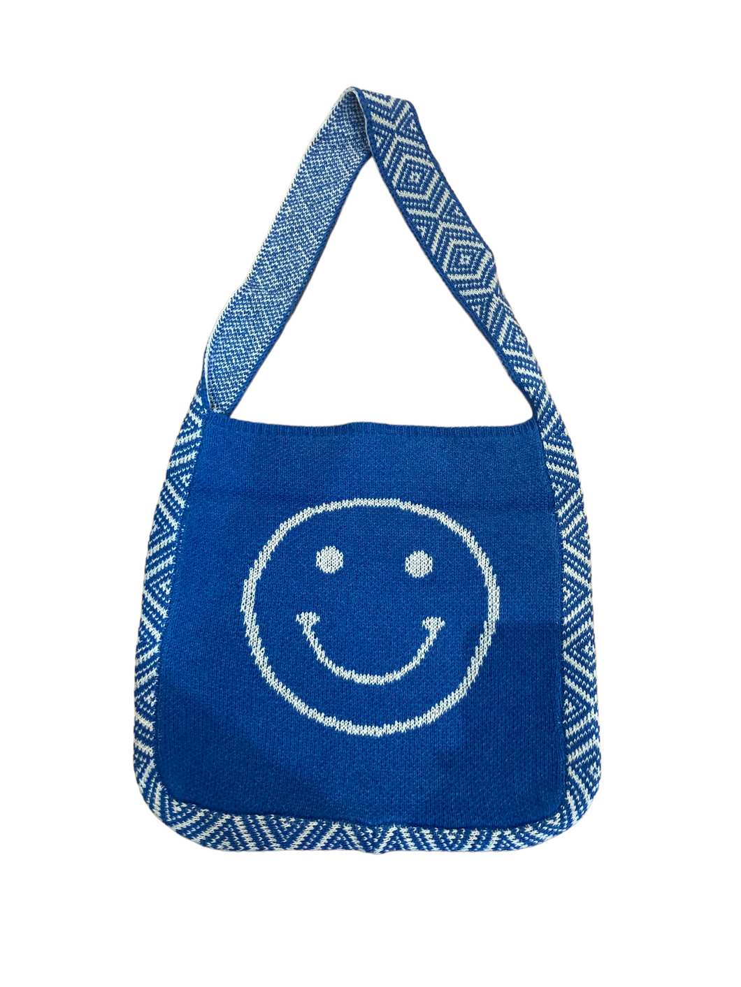 blue smiley print knit shoulder tote bag