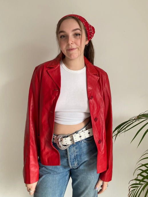 red snake print collar leather jacket