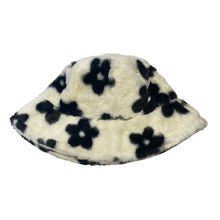 white and black flower fluffy bucket hat