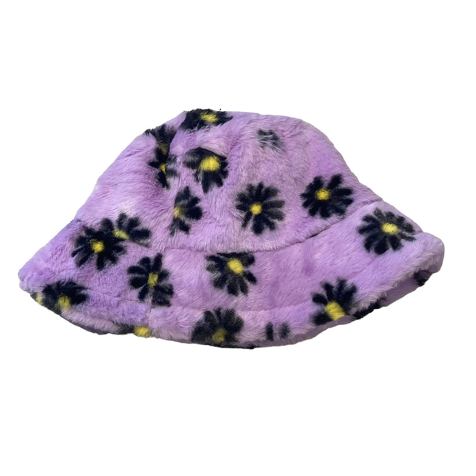 black daisy print lilac fluffy bucket hat