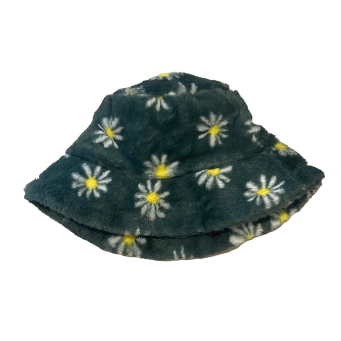 dark green daisy print fluffy bucket hat