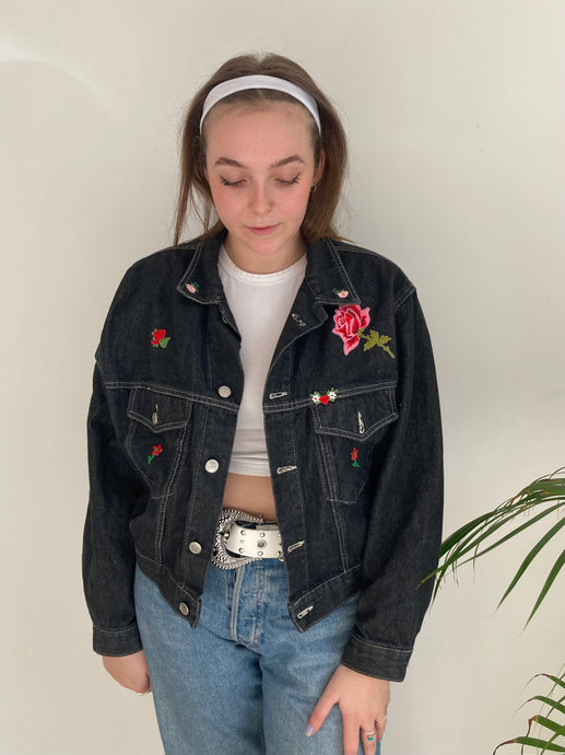 black denim flower patch jacket vintage