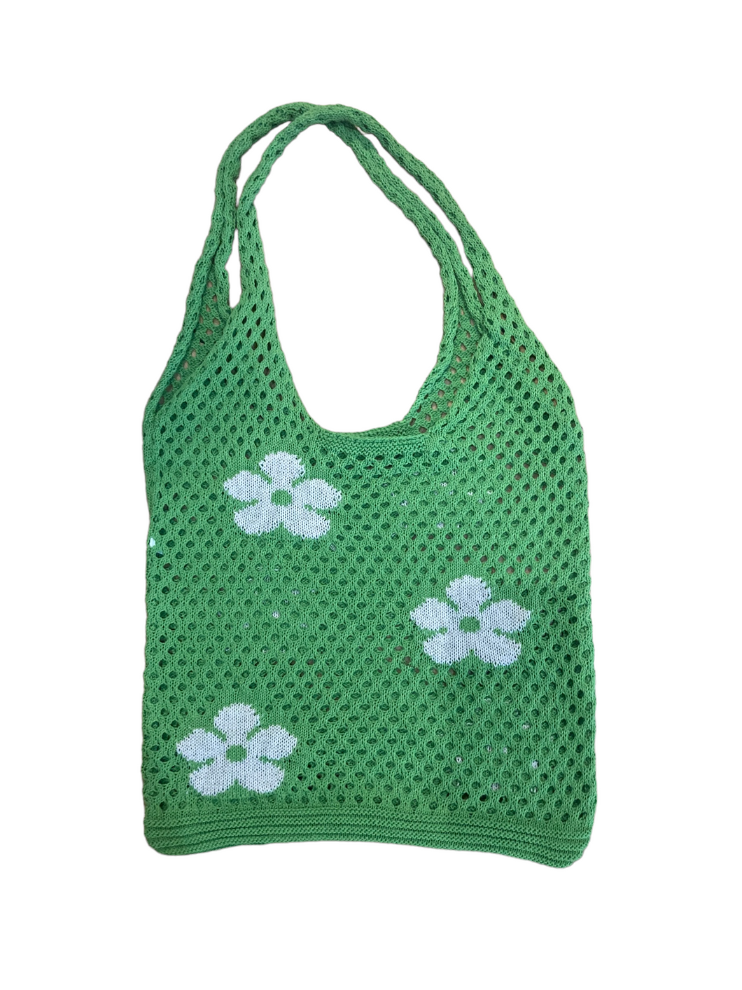 white daisy print green net tote bag