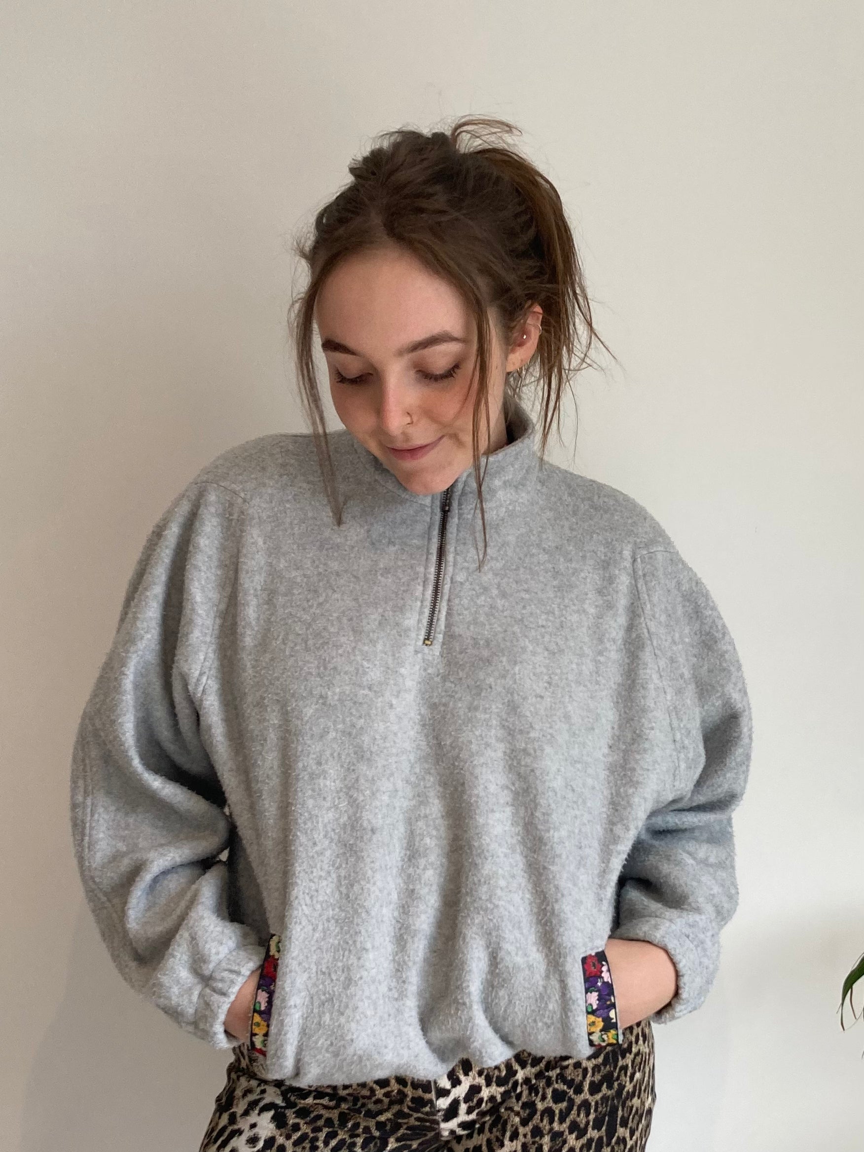 grey Halfzip fleece flower pocket detail vintage