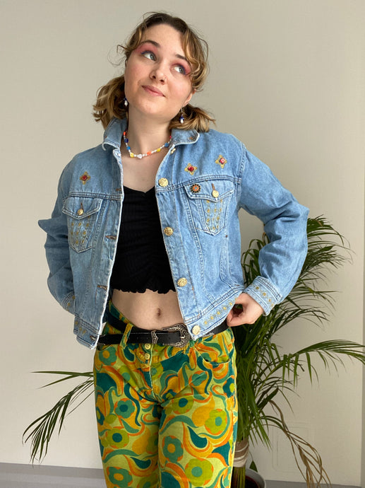 Cropped Patterned Denim Jacket