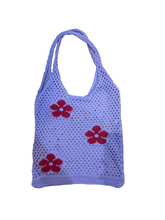 red daisy print purple net tote bag