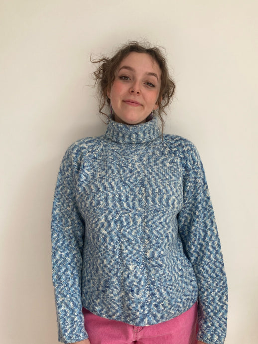 blue cable knit turtleneck sweater