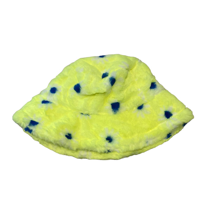 neon yellow daisy print fluffy bucket hat